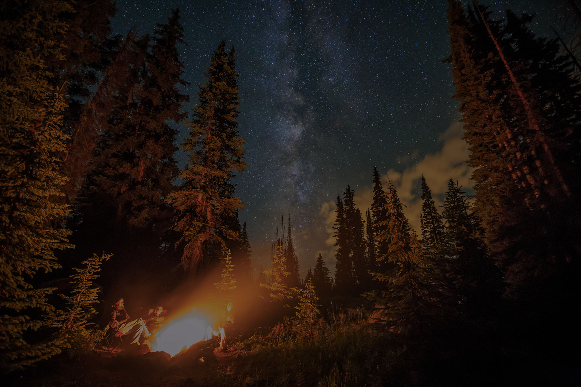 Family stargazing by a campfire